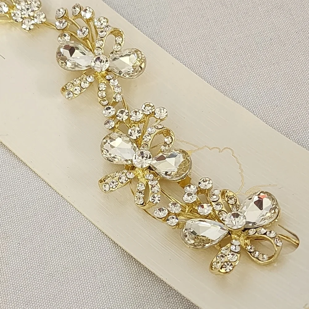 Clear Crystal Gold Floral Bow Design Hair Vine New